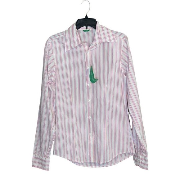 Men’s Benetton Long Sleeve Button Up Striped Pink Blouse Medium - Picture 3 of 8